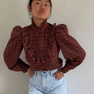 Vintage 70s/80s Plaid Puff Sleeve Bib Ruffle Blouse - Red and Black